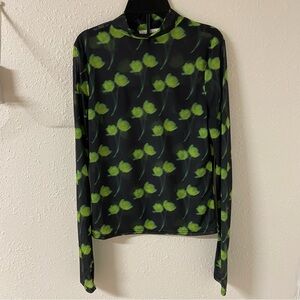 Topshop Neon Green Floral Sheer Mesh Mock Neck Long Sleeve Top